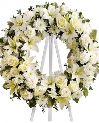 Coroana funerara din crini, trandafiri si crizanteme